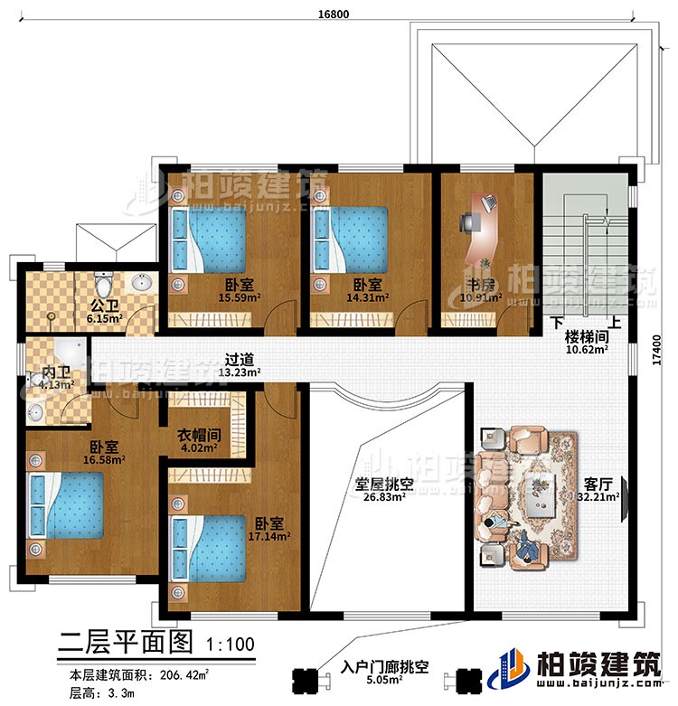 二層：樓梯間、客廳、堂屋挑空、入戶門廊挑空、4臥室、衣帽間、書房、公衛(wèi)、內(nèi)衛(wèi)