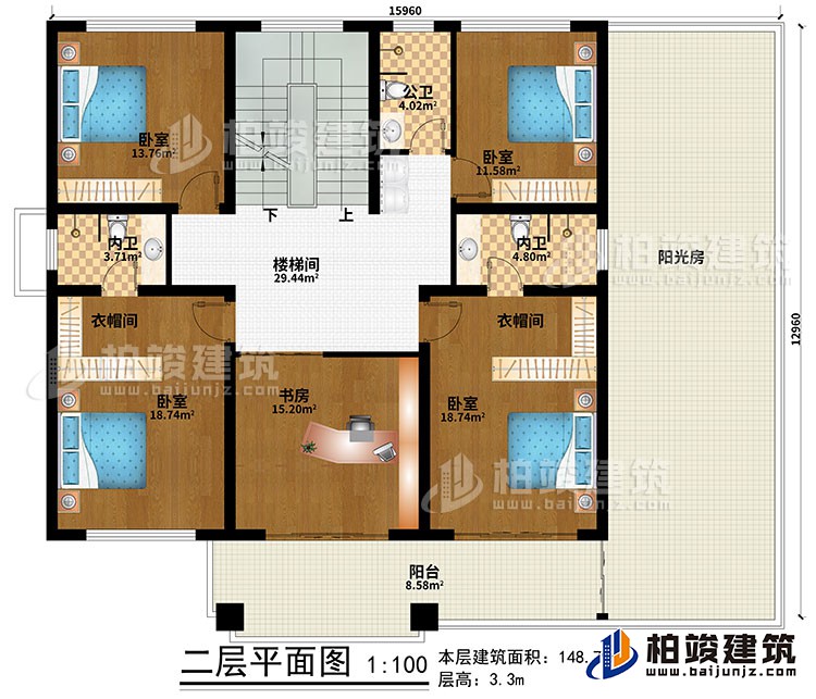 二層：樓梯間、4臥室、書房、2衣帽間、公衛(wèi)、2內(nèi)衛(wèi)、陽(yáng)臺(tái)、陽(yáng)光房
