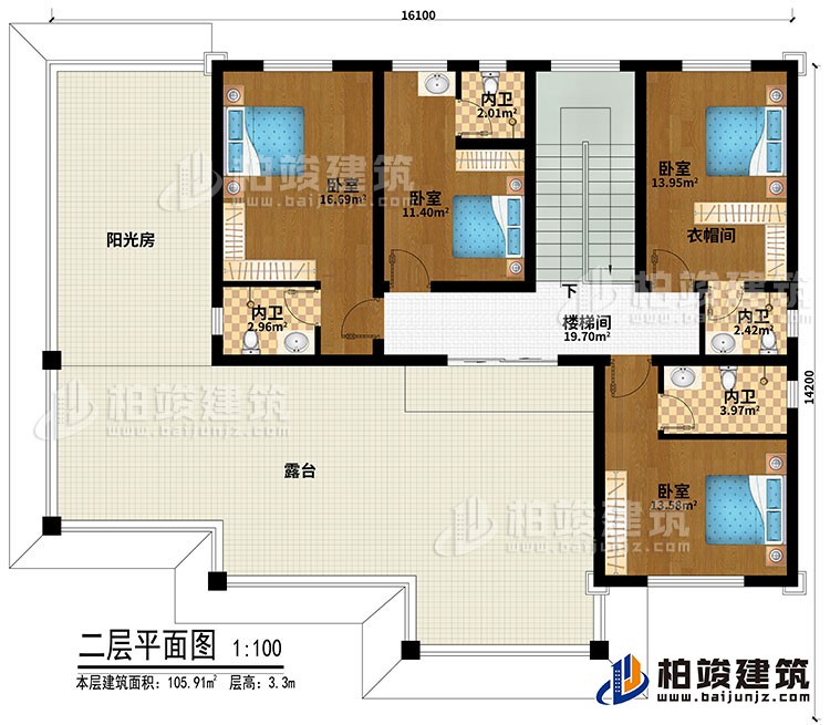 二層：4臥室、衣帽間、樓梯間、4內(nèi)衛(wèi)、陽光房、露臺