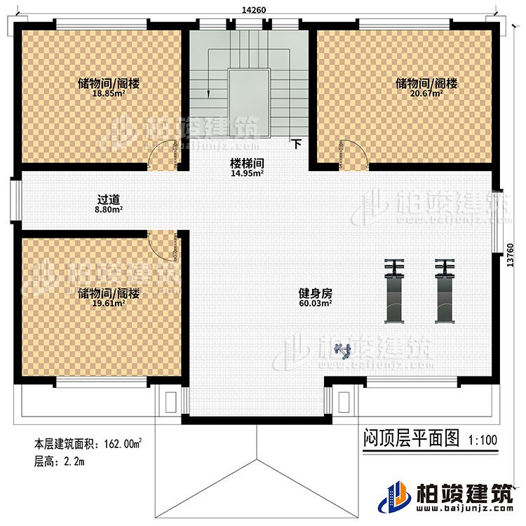 三層：樓梯間、3儲(chǔ)物間/閣樓、過道、健身房