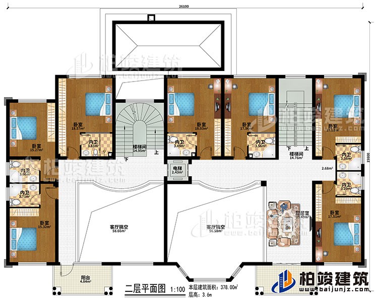 二層：2樓梯間、2客廳挑空、起居室、7臥室、7內(nèi)衛(wèi)、電梯、2陽(yáng)臺(tái)