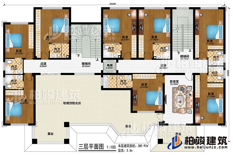 三層：2樓梯間、2過(guò)道、影音室、8臥室、2內(nèi)衛(wèi)、3露臺(tái)、玻璃頂陽(yáng)光房、電梯