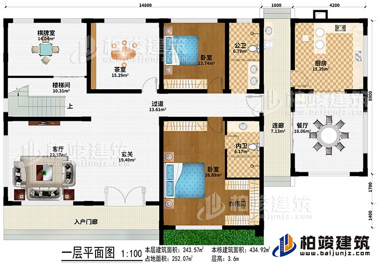 一層：入戶門廊、客廳、玄關(guān)、樓梯間、過道、棋牌室、茶室、餐廳、廚房、2臥室、衣帽間、公衛(wèi)、內(nèi)衛(wèi)、連廊