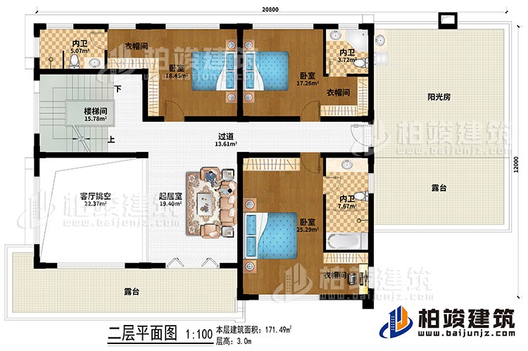二層：樓梯間、客廳挑空、起居室、過道、3臥室、3衣帽間、3內(nèi)衛(wèi)、陽光房、2露臺