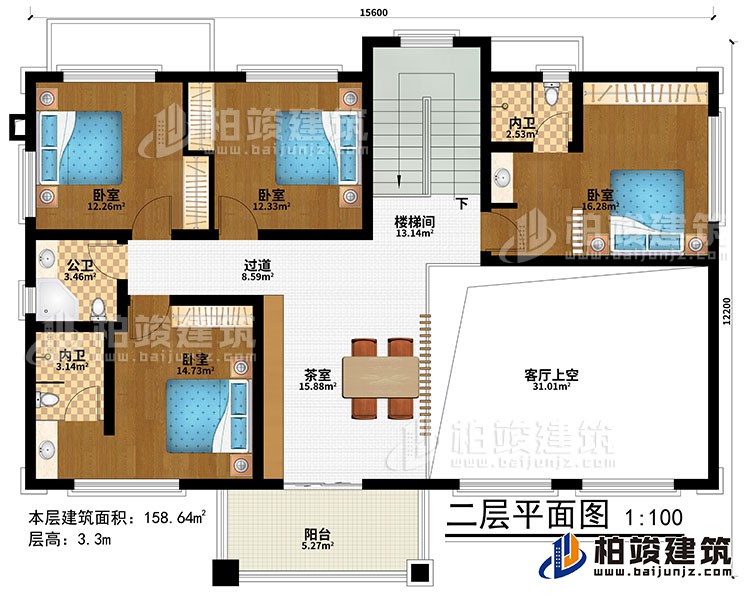 二層：樓梯間、茶室、客廳上空、4臥室、過(guò)道、公衛(wèi)、2內(nèi)衛(wèi)、陽(yáng)臺(tái)