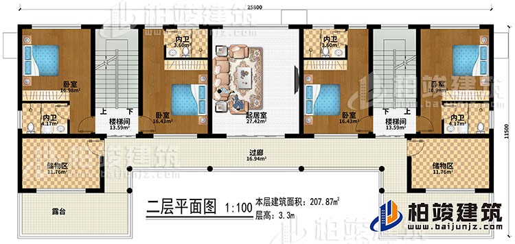 二層：起居室、2樓梯間、4臥室、4內衛(wèi)、2儲物間、過廊、2露臺