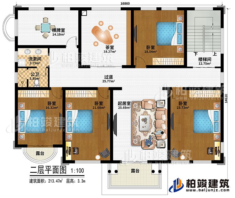 二層：樓梯間、起居室、過道、茶室、棋牌室、4臥室、洗漱間、公衛(wèi)、2露臺