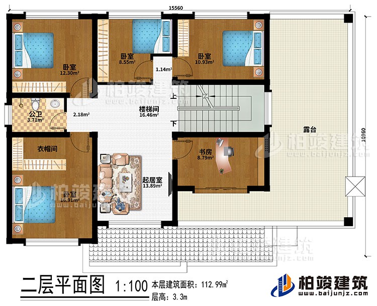 二層：樓梯間、起居室、4臥室、衣帽間、書(shū)房、公衛(wèi)、露臺(tái)